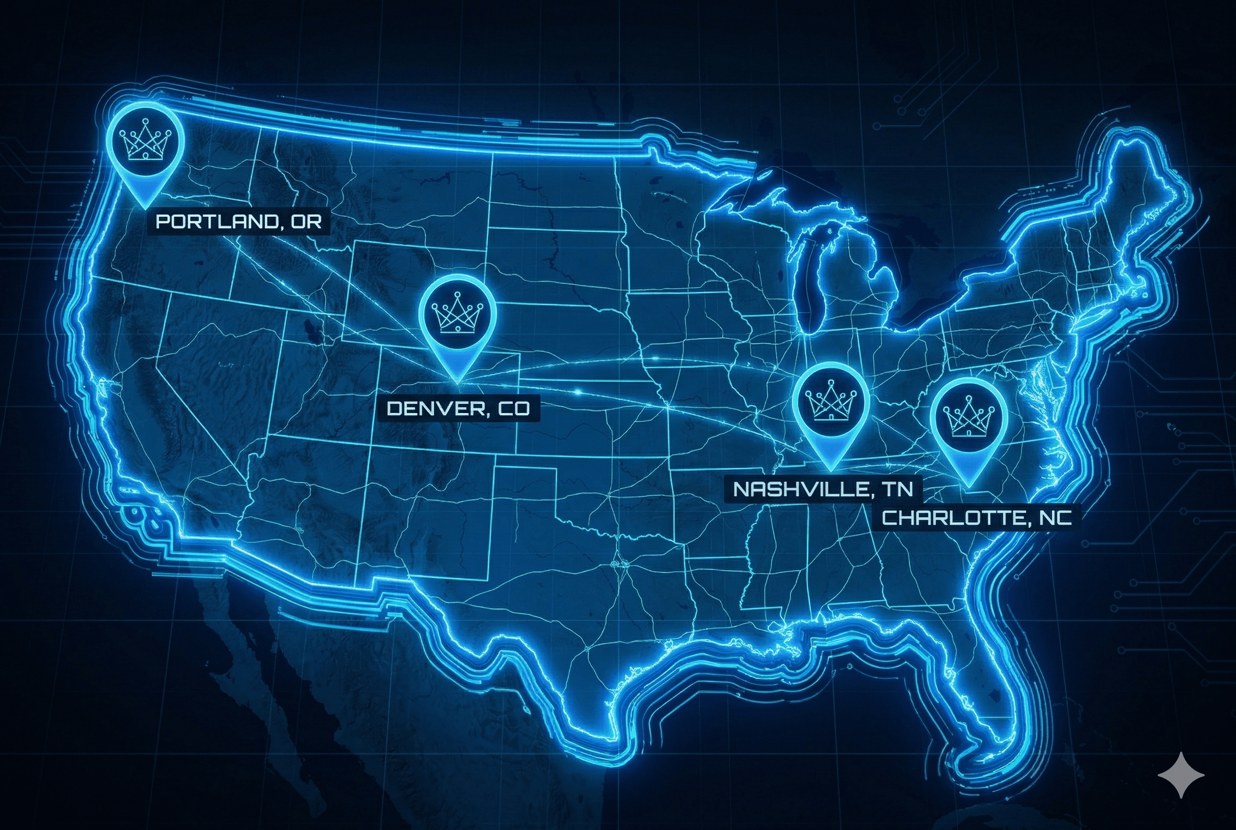 Map of the United States showing Queen City AI team locations in Charlotte, Nashville, Portland, and Denver